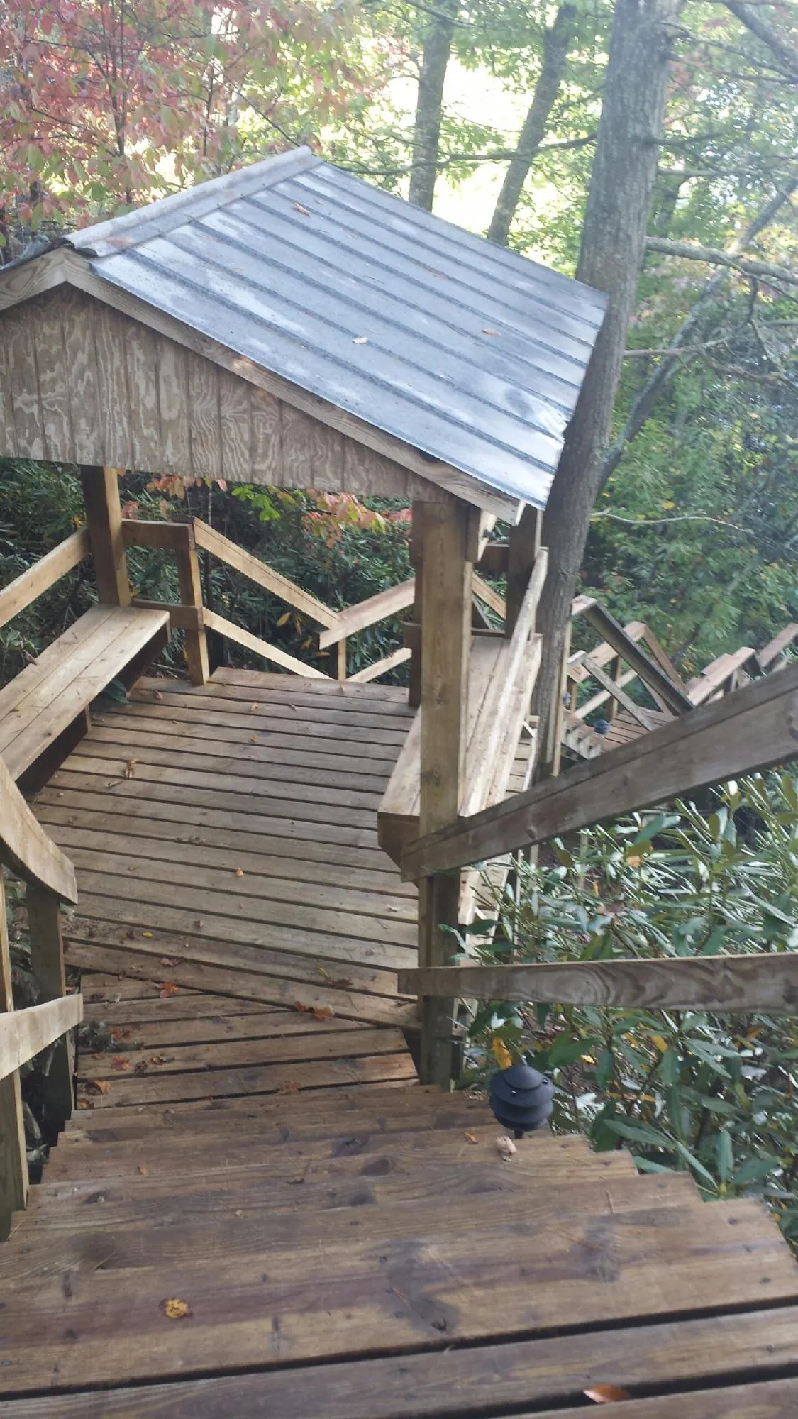 Metal roofed shelter over wooden steps on a wooded walkway — Skylight Repair & Installation work by our crew in Parkhill